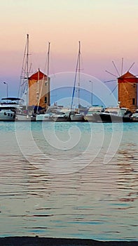 Mandraki Harbour on the Greek island of Rhodes.