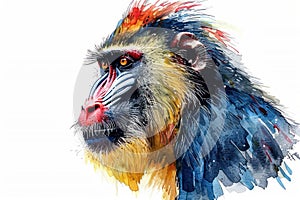 Mandrill,  Pastel-colored, in hand-drawn style, watercolor, isolated on white background