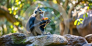 A mandrill sitting on a rock and enjoying a piece of fruit photo