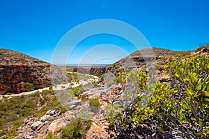 Mandu Mandu Gorge with dry river bed leading towards Indian Ocean at Cape Range National Park Australia