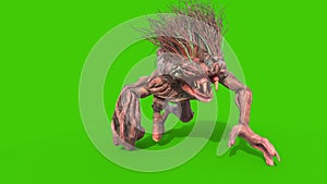 Mane Monster Long Fangs Walks Green Screen Front 3D Rendering Animation