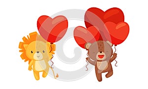 Maned Lion and Bear Holding Red Heart Shaped Toy Balloon Vector Set