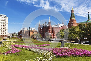 Manege square, overlooking the Kremlin and the Historical Museum on a sunny summer day. Moscow