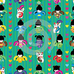 Maneki japanese doll fan dance symmetry seamless pattern