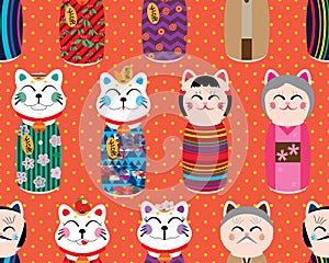 Maneki kokeshi eight seamless pattern