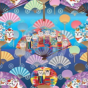Maneki kokeshi fan gradient seamless pattern