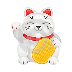 Maneki-neko or Beckoning Cat as Japanese Figurine Bringing Luck Vector Illustration