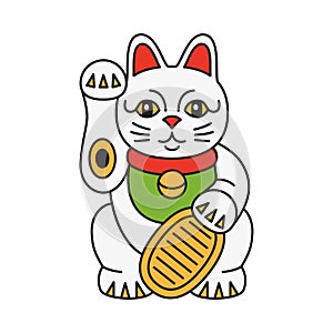 Maneki neko cat with coin. Japanese symbol wishing good luck with raised paw. Vector sign of wealth, happiness, fortune