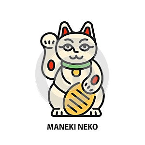 Maneki neko cat with coin line icon. Japanese color symbol wishing good luck with raised paw. Vector sign of wealth, happiness,