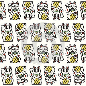 Maneki neko cat with coin seamless background. Line japanese symbol wishing good luck with raised paw. Cartoon vector pattern of