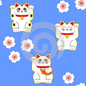 Maneki-neko cat. Seamless pattern with sitting hand drawn lucky cats. Japanese culture. Doodle drawing. Vector