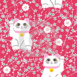 Maneki-neko cat. Seamless pattern with sitting hand drawn lucky cats. Japanese culture. Doodle drawing. Vector