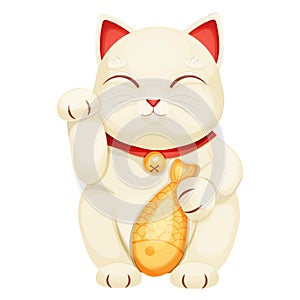 Maneki neko cat tradition figure lucky symbol, pet with collar and bell, golden fish in cartoon style isolated on white