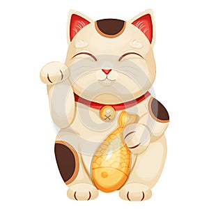 Maneki neko cat tradition figure lucky symbol, pet with collar and bell, golden fish in cartoon style isolated on white