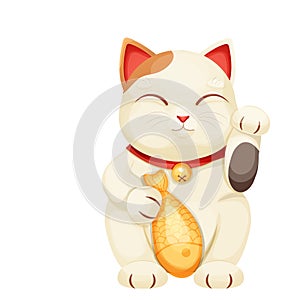 Maneki neko cat tradition figure lucky symbol, pet with collar and bell, golden fish in cartoon style isolated on white