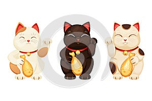 Maneki neko cat tradition figure lucky symbol, pet with collar and bell, golden fish in cartoon style isolated on white