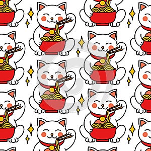 Maneki neko doodle icon, japanese lucky cat doodle seamless pattern, vector color line illustration