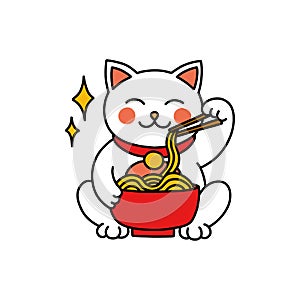 Maneki neko doodle icon, japanese lucky cat, vector color line illustration