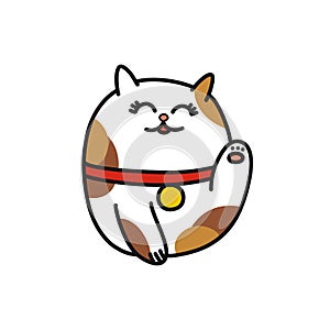 Maneki neko doodle icon, vector color illustration