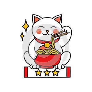 Maneki neko doodle icon, vector color illustration