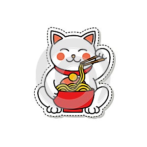 Maneki neko doodle sticker icon, japanese lucky cat, vector color line illustration