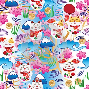 Maneki Neko fat Japanese doddle cherry blossom seamless pattern photo