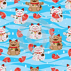 Maneki Neko happy fish sea seamless pattern photo