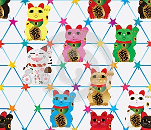 Maneki Neko hexagon star symmetry seamless pattern photo