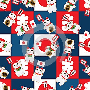 Maneki Neko hold flag vintage square seamless pattern