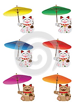 Maneki Neko holding umbrella set