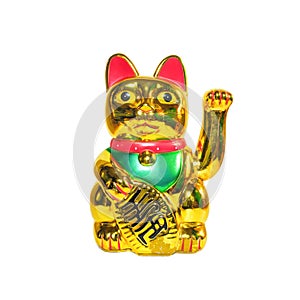 Maneki Neko is isolated on white background,  an oriental Japanese lucky cat, a golden figurine with its left hand raised.