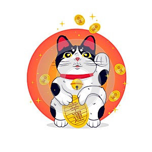 Maneki neko. Japan lucky cat with golden coins. Color vector flat cartoon illustration on red sun