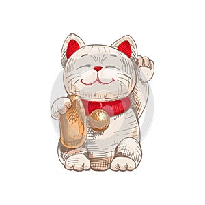 Maneki neko. Japan lucky cat with raised paw. Vintage vector hatching