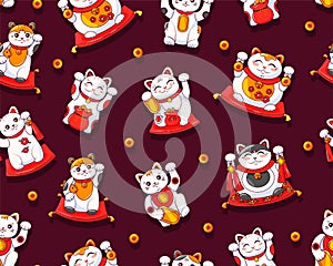 Maneki Neko Japanese cat seamless pattern. Various cute cats of good luck. Symbol wealth. Vector cartoon background.