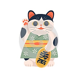 Maneki-neko, Japanese lucky cat with beckoning paw and coin. Asian toy with koban for luck in business, money and