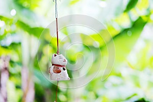 Maneki Neko is Japanese lucky cat doll hanging on the window with green nature background