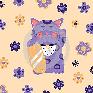 Maneki neko, japanese lucky cat, fortune symbol. Cute kitty character of oriental flat vector illustration