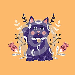 Maneki neko, japanese lucky cat, fortune symbol. Cute kitty character of oriental flat vector illustration
