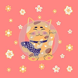 Maneki neko, japanese lucky cat, fortune symbol. Cute kitty character of oriental flat vector illustration