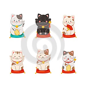 Maneki Neko Japanese lucky cats set cartoon vector illustration