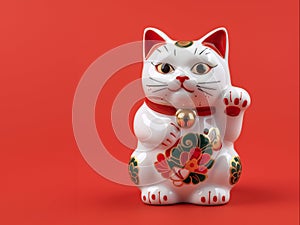 Maneki-neko lucky white cat sitting on a red background