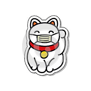 Maneki neko with medical mask doodle icon, vector illustration