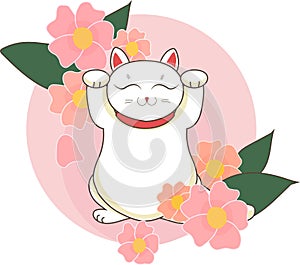 Maneki neko / neco with of japan cherry sacura blossoms and flowers , a cat with a raised paw Japanese luck symbol, illus