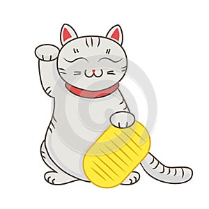 Maneki neko / neco with tablet, a cat with a raised paw Japanese luck symbol, illustration,