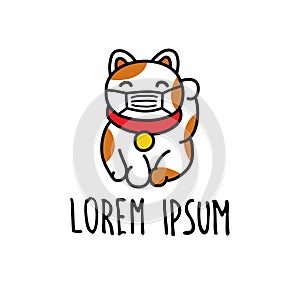 Maneki neko in a protective mask doodle icon, vector illustration