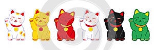 Maneki Neko Set. Japanese Cat Symbol of good luck, fortune and prosperity. Doodle style vector