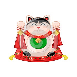 Maneki Neko is a traditional Japanese cat. A symbol of good luck and wealth. Colorful vector illustration.
