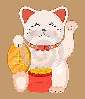 Maneki neko vector isolated on brown background. Lucky cat in japanese traditional culture. Talisman or mascot symbol