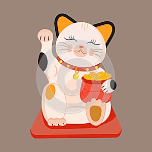 Maneki neko vector isolated on brown background. Lucky cat in japanese traditional culture. Talisman or mascot symbol in flat