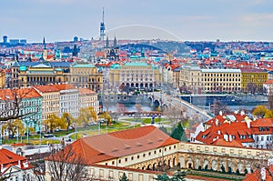 The cityscape with Manes Bridge, Vltava River, Tynsky Church and Zizkov TV Tower, Prague, Czech Republic photo